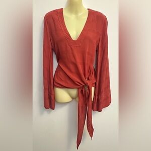 Free People V-neck Red Bell Sleeve Tie Front Tunic